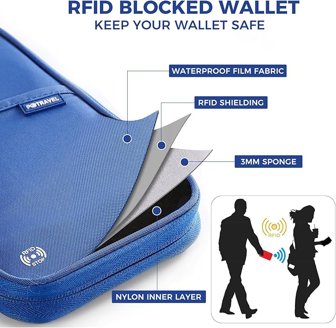 Travel Passport Holder, Large Family Passport Walle for Men Women RFID Passport Cover Lightweight Portable Document Organizer with Wrist Strap (Blue)