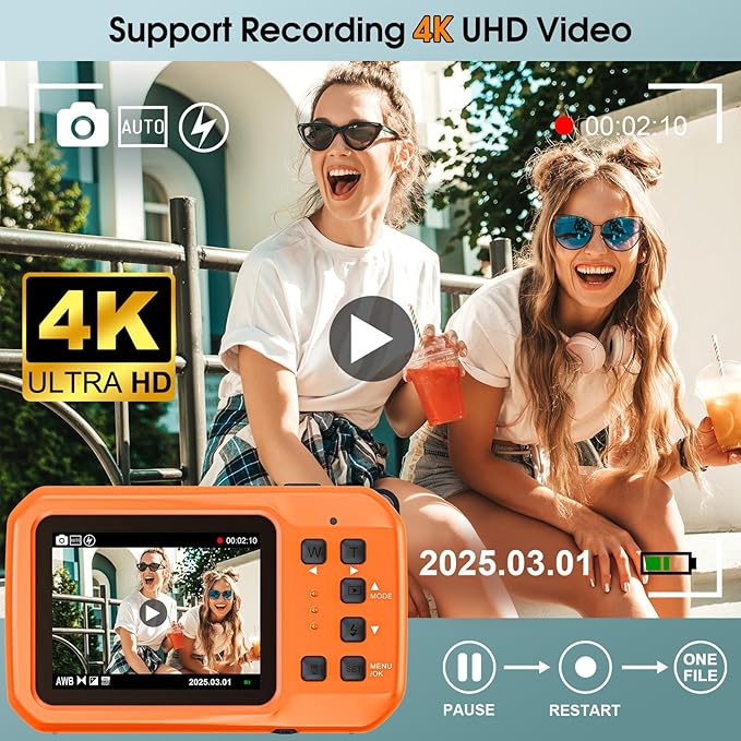 4K Underwater Camera, 64MP 16FT Waterproof Digital Camera with 32GB Card, Autofocus Floatable Waterproof Camera with IPS HD Screen, 16X Digital Zoom, Fill Light, for Snorkeling, Surfing, Orange