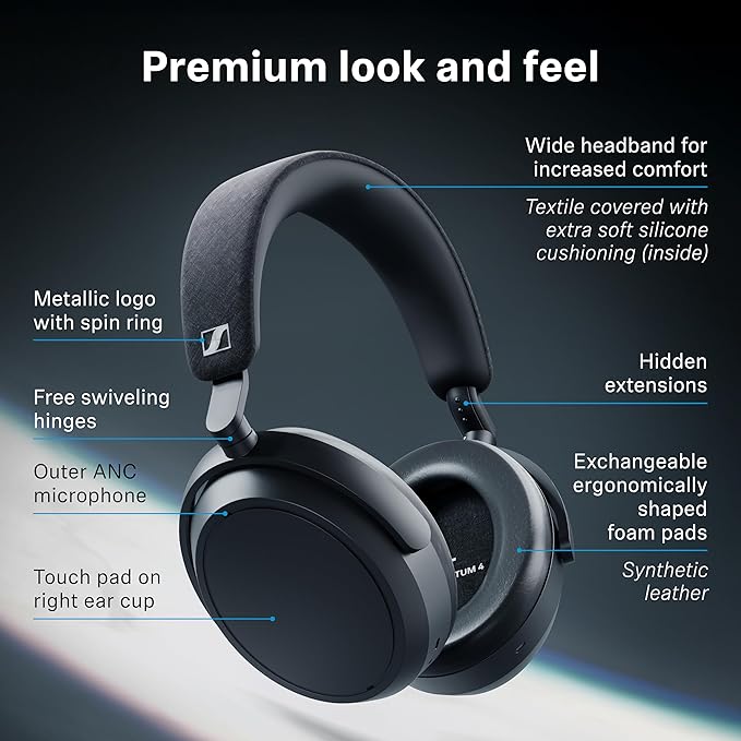 Sennheiser MOMENTUM 4 Wireless Headphones - Bluetooth Headset for Crystal-Clear Calls with Adaptive Noise Cancellation, 60h Battery Life, Lightweight Folding Design, Black