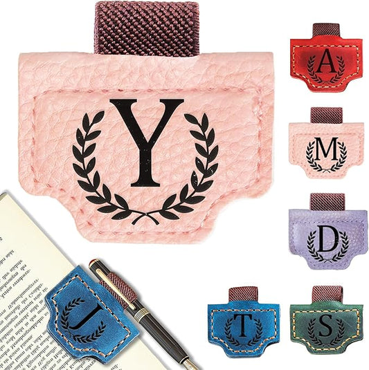 Personalized Bygone Mark Bookmark with Pen Holder, Leather Magnetic Bookmark 26 Letters Name Initial Bookmarks for Readers, Book Lover Gifts for Women Men Notebook Accessories (Pink, Y)