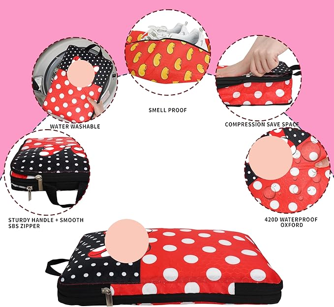Compression Packing Cubes for Travel, 6 Set Red Dots Luggage Organizer, Lightweight Waterproof Expandable/Compression Bags Smell Proof Travel Packing Cubes for Suitcases