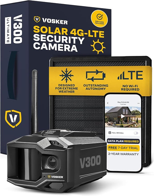Vosker V300 Ultimate 4G-LTE Autonomous Outdoor Security Camera with External Solar Panel | High-Capacity 15,000 mAh External Solar Power Bank | SIM Cards Included | No WiFi Needed | Live Streaming