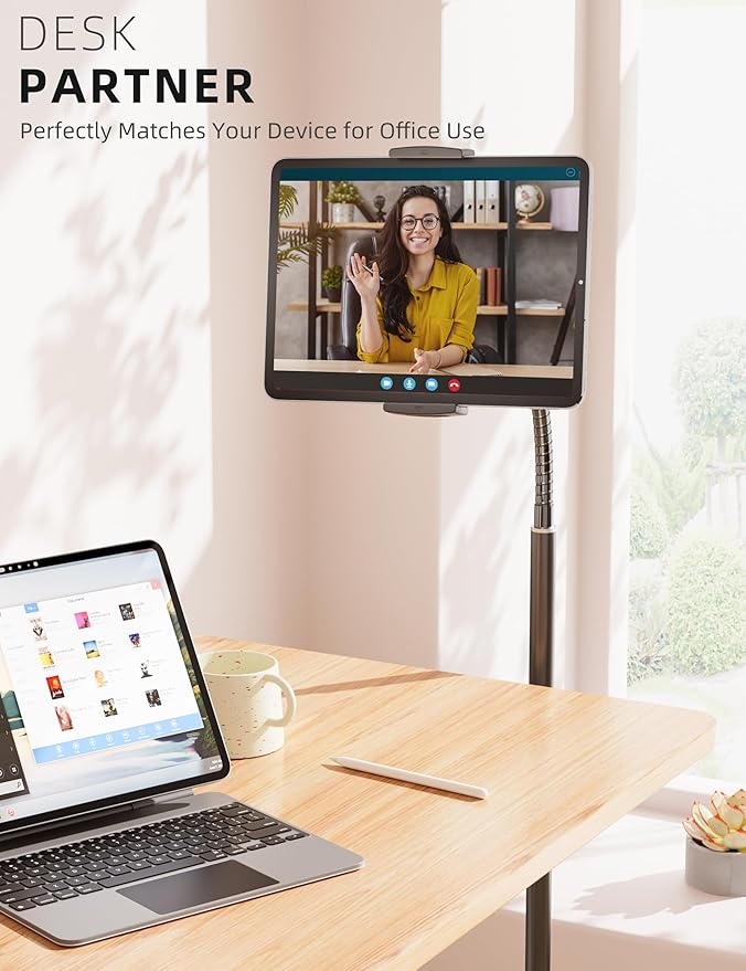 iPad Stand, Adjustable Tablet Floor Stand Metal Tablet Holder with Flexible Gooseneck, Compatible with iPad, Kindle, and Cell Phones (4.7''-13''), Ideal for Hands-Free Use
