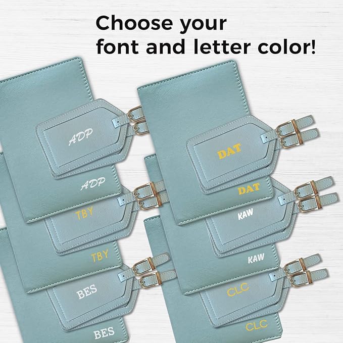 Personalized Monogrammed Chambray Leather RFID Passport Wallet and 2 Luggage Tags
