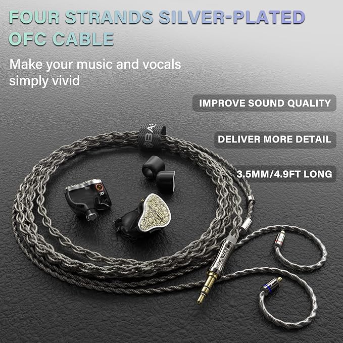 BASN Bmaster5 in Ear Monitors, 1DLC Diaphragm+4BA 5 Drivers IEM Earphones with Silver-Plated OFC Cable, Noise Isolation Wired Earbuds for Musicians (Starlight Gold)