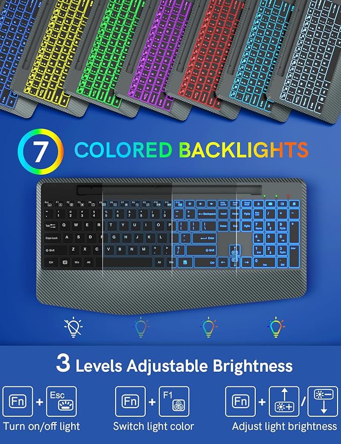 Wireless Keyboard with 7 Colored Backlit, Wrist Rest, Phone Holder, Rechargeable Ergonomic Computer Keyboard with Silent Key, Full Size Lighted Keyboard for Windows, MacBook, PC, Laptop (Gray)