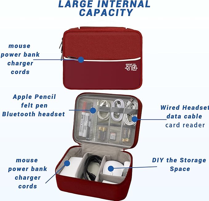 Electronics Organizer,Travel Cord Organizer Pouch, Portable Cable Organizer Bags, Waterproof Electronic Accessories Storage Case for Cables, Cords, Charger, Phone (Double Layer-Winered)