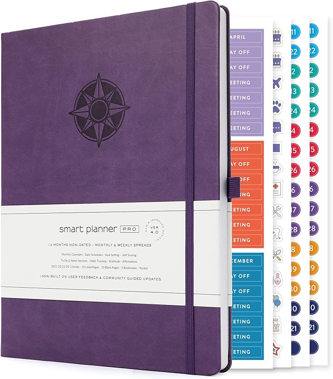 Smart Planner Pro – Undated Daily Planner – Large A4 – Achieve Goals & Increase Productivity with Weekly, Monthly, Work Sections - Organizer Diary with Back Pocket, 3 Satin Bookmarks & Pen Holder