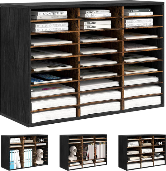 Mail Organizer Countertop, 27 Slots Wooden Desk File Literature Sorter, Adjustable Paper Storage Shelves Document Holder, Space Saving Desktop Mailbox for Office Classroom, Black/Rustic Brown