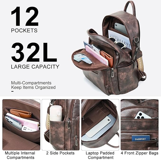 Backpack Purse for Women Laptop Backpack, Leather Travel Backpack Shoulder Bag Teacher College Daypack Work Handbag fits 14" Laptop-Coffee