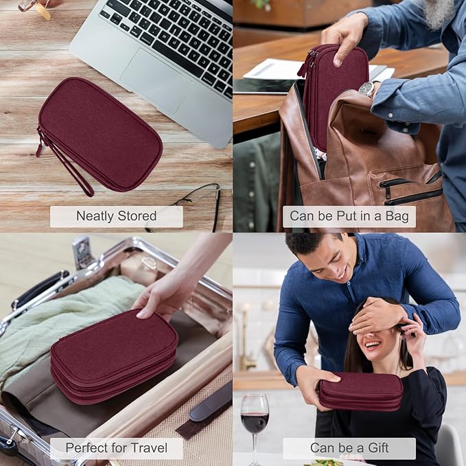 FYY Electronic Organizer, Travel Cable Organizer Bag Pouch Electronic Accessories Carry Case Portable Waterproof Double Layers All-in-One Storage Bag for Cable, Cord, Charger, Phone, Earphone Wine Red
