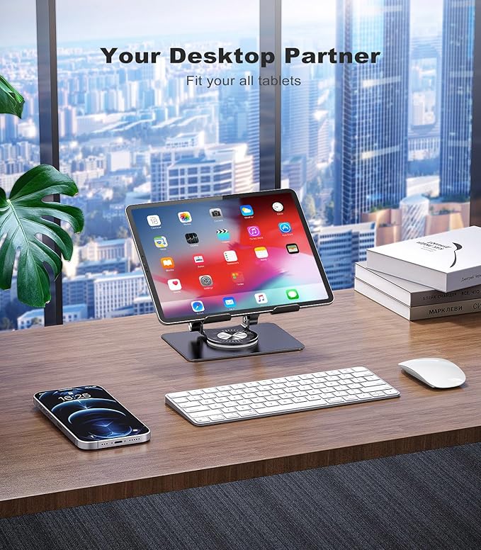 Swivel Tablet Stand with 360 Rotating Base, Adjustable Holder for Drawing, Compatible with iPad Pro/Air/Mini and More (Black)