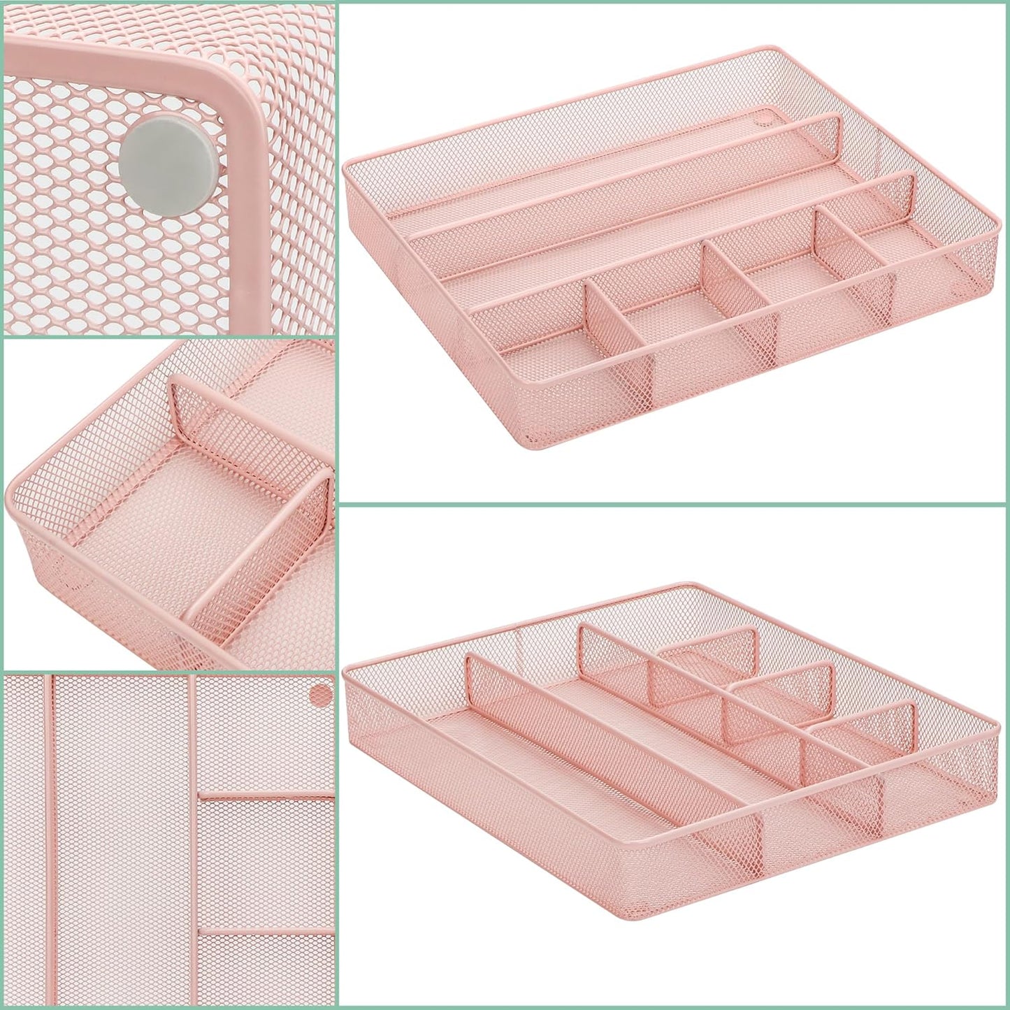 Annova Desk Top Organizer Tray for Office Organization - Metal Mesh - Storage Tray with Dividers for Pens, Desktop Accessories, Bathroom, Kitchen, Makeup and Office Supplies (Large, Light Pink)