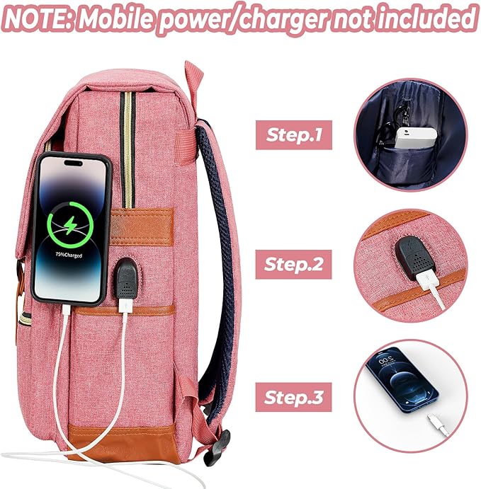 Ronyes Vintage Laptop Backpack for Women Men,15.6 inch Bookbag Casual Daypack with USB Charging Port for College Work, Pink Backpacks