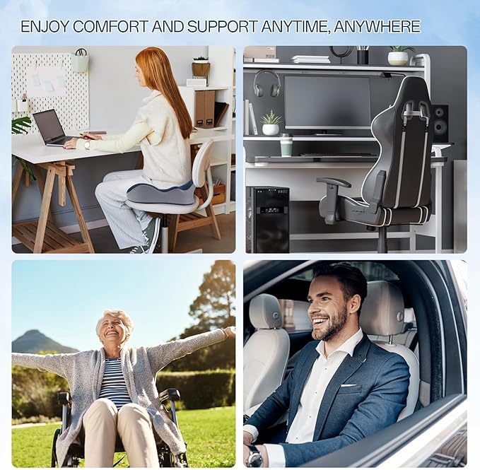 Seat Cushion, X-Large Memory Foam Office Chair Cushion, for Pressure Relief Sciatica & Pain Relief for Long Sitting Hours on Office/Home Chair, Car (Blue)