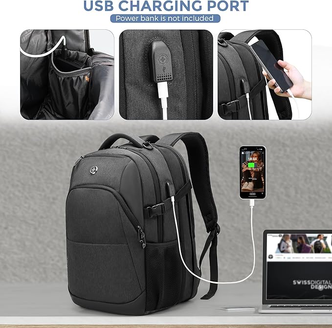 Swissdigital Design Travel Laptop Backpack for Men and Women, 35L Expandable Large College Backpack with USB Charging Port for Fits 17 Inch Notebook, Grey | ANDWIL PRO