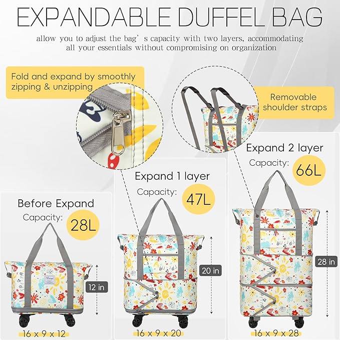 VOOWO Rolling Duffel Bag with Wheels - Foldable Expandable Duffle Bag with Wheels for Travel, Rolling Luggage Bag Carry On Bag with Wheel, Large Rolling Backpack Weekend Bag for Men Women (Flower)