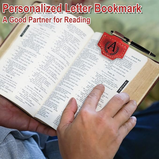 Personalized Bygone Mark Bookmark with Pen Holder, Leather Magnetic Bookmark 26 Letters Name Initial Bookmarks for Readers, Book Lover Gifts for Women Men Notebook Accessories (Red, J)