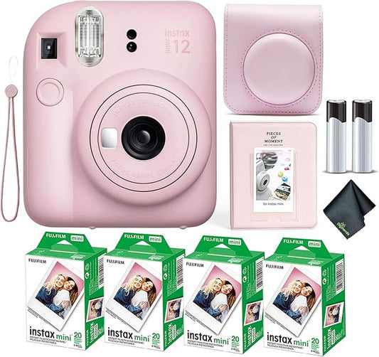 Fujifilm Instax Mini 12 Instant Camera Blossom Pink Bundle with Fuji Instax Mini Film Value Pack (80 Sheets) + Protective Carrying Case + Photo Album + Microfiber Cleaning Cloth