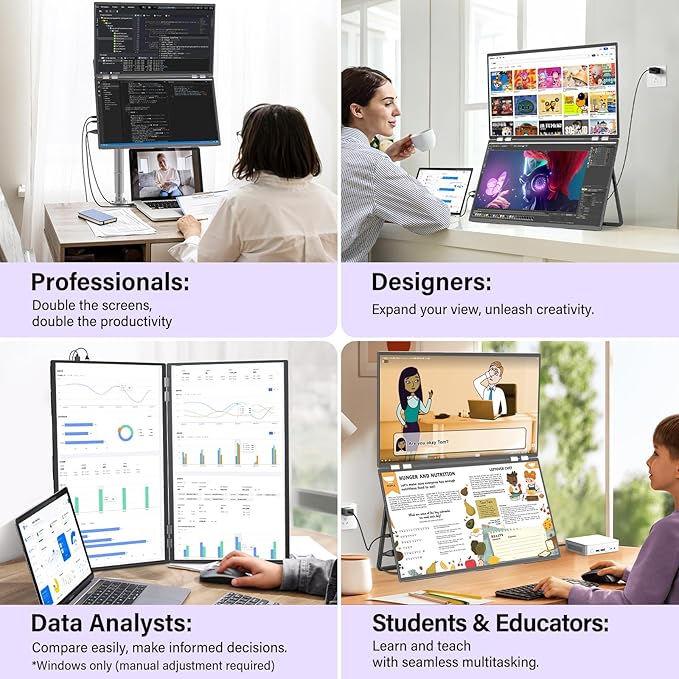 InnoView 23.8" 2K Dual Mnonitor Built-in Speakers QHD 2560 x 1440P Laptop Screen Extender 315°Adjustable Dual Monitor for MacBook Windows with DP Type-C HDMI Double Foldable Monitors(No Driver Needed)