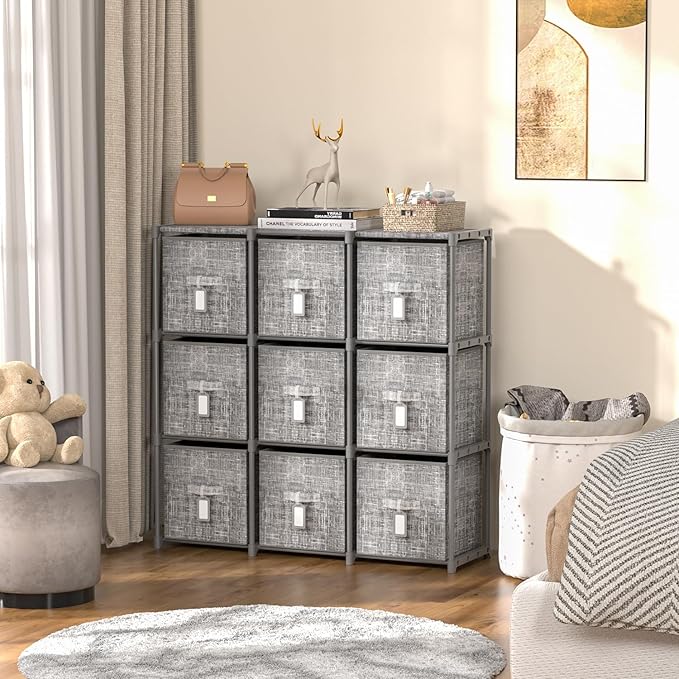 9 Cube Closet Organizer with Beautiful Printed Drawers + Labels, Storage Shelf, Toy Cubby Organizer