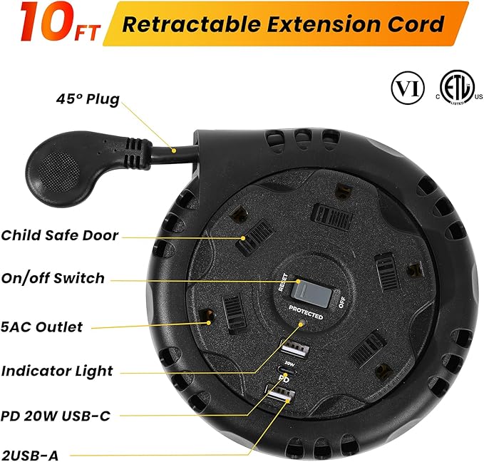 10ft Flat Plug Surge Protector Power Strip, Retractable Extension Cord with Multiple Outlets, 5 AC & 3 USB Charger(1 USB C Port), Desktop Charging Stations for Home/Office/Dorm Room