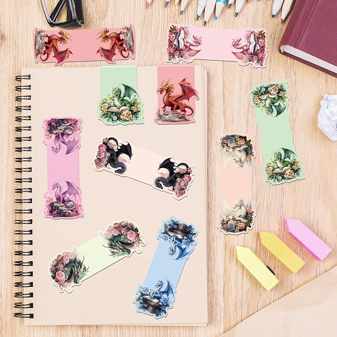 Dragon Flower Magnetic Bookmark - 8 Pcs Fantastic Book Marks Magnets Dragon Floral Leaf Magnetic Bookmarks Cool Animal Bookmark Page Clip Gifts for Book Lovers Students Teacher School Reading