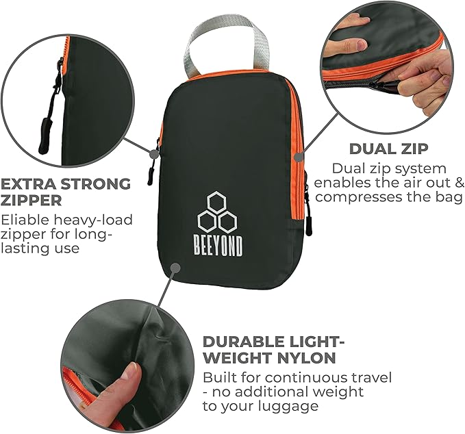 Beeyond Compression Packing Cubes Set - 6 Pieces for Travel and Luggage Organization, Includes Large & Small Cubes, Accessories Bag, and Laundry Bag