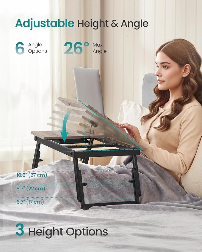 SONGMICS Bed Laptop Desk, Folding Bed Tray for Laptop up to 15.6 Inches, Adjustable Angle and Height, Portable for Working Reading Writing Breakfast, Bamboo Legs, Drawer, Heather Greige ULLD105W01