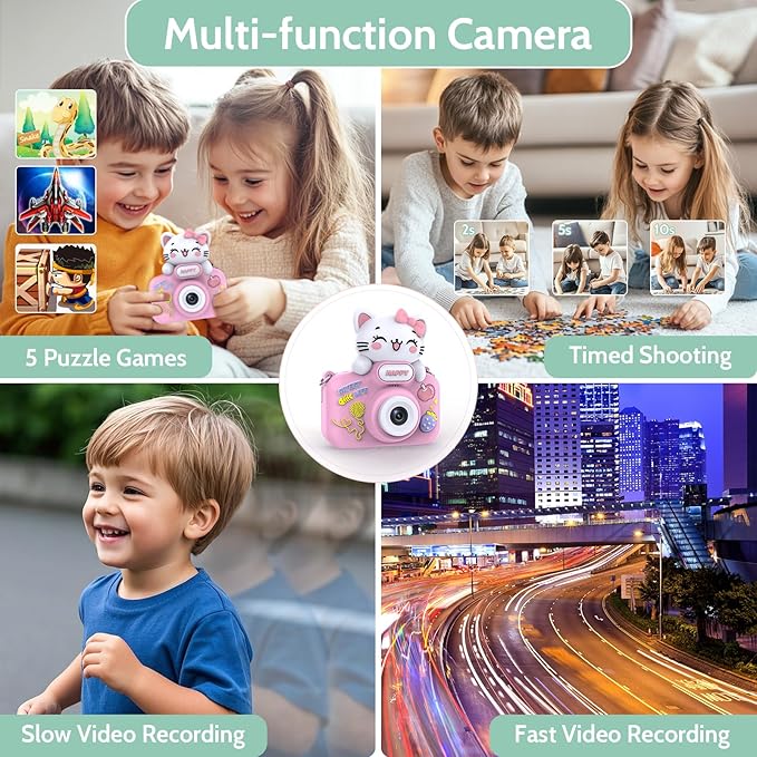 Kids Camera for Age 3-8, Kids Digital Camera Toddler Camera for 9 10 11 12 Years Old Birthday Gifts, 1080P Video Camera with Cute Protective Cover & 16GB SD Card