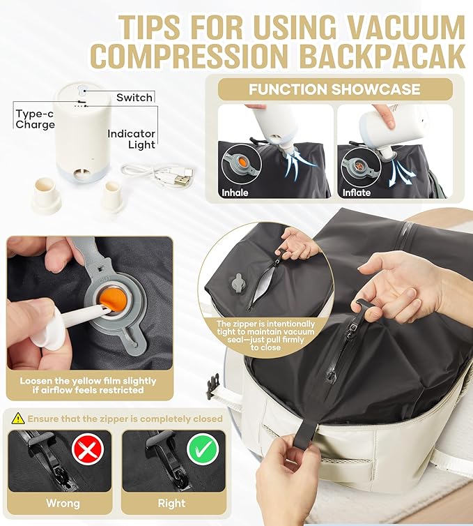 Vacuum Travel Backpack with Pump for Women, Personal Item Carry on Vacpack Backpacks Flight Approved 18x14x8 inches for Men,Laptop Waterproof Work Compression bags Casual Daypack,Beige