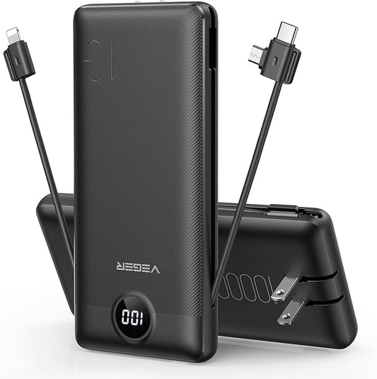 VEGER Portable Charger for iPhone Built in Cables and Wall Plug, 10000mah Slim Fast Charging USB C Power Bank, Travel Essential Battery Pack Compatible with iPhones, iPad, Samsung More Devices(Black)