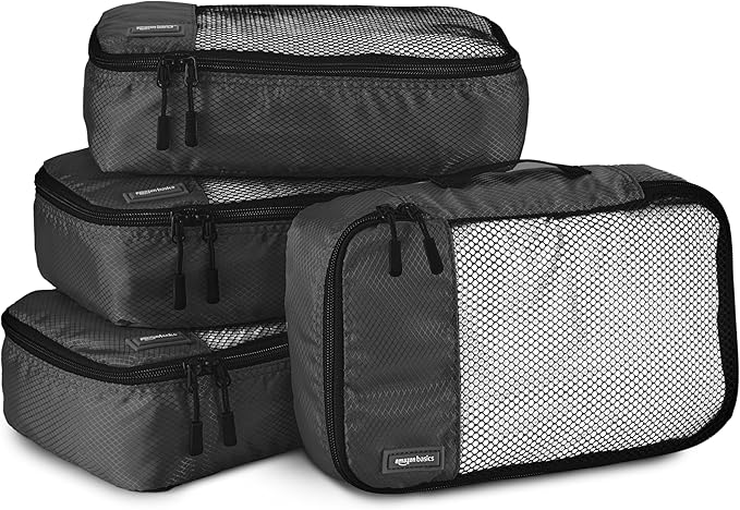 Amazon Essentials 4-Piece Packing Cubes Travel Accessories Set, Luggage Organizer with Double Zipper, Mesh Top, 100% Polyester, Small, Black (Previously Amazon Basics)