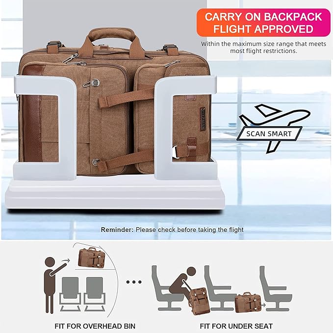 WITZMAN Canvas Travel Backpack for Men Large Laptop Backpack Fit 17 inch Carry-on Airline Approved Convertible Shoulder Rucksack(A6617-3 Brown)