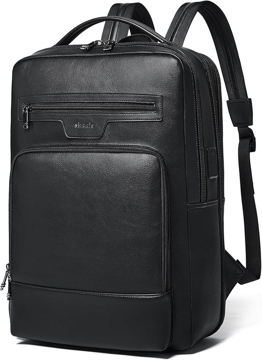 Shrrie Leather Laptop Backpack for Women and Men,28 L Travel Backpack Computer Bag Fits 16 inch Laptop,Expandable Casual Daypack with USB Charging Port for Work Business Weekender College,Black