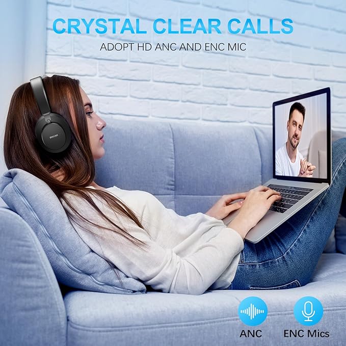 Over Ear Headphones Wireless Bluetooth, Noise Cancelling Headphones Bluetooth with Microphone, Cancelling Wireless Headphone Over Ear, 65h Playtime, Clear Calls, Comfort Fit For Travel (Black)