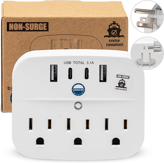 Cruise Approved Power Strip Foldable, Non Surge Protector Travel Power Strip, 2 USB-C, 2 USB, 3 AC Outlet Plugs - Cruise Essentials for Carnival, Celebrity, Princess & Major Lines in 2025 & 2026