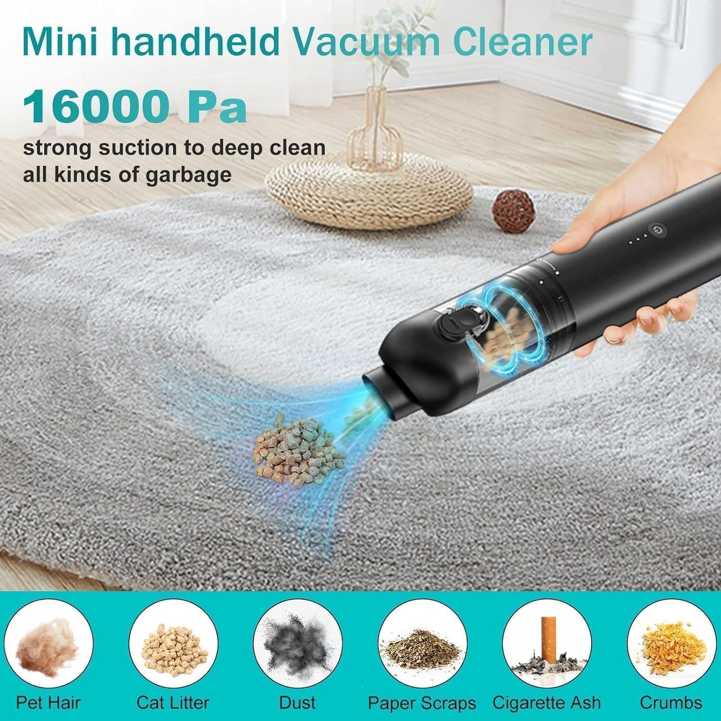 Car Vacuum, 4-in-1 Portable Mini Cordless Vacuum with 16,000PA Strong Suction, Brushless Motor, One-Touch to Empty, Lightweight Handheld Vacuum for Car, Home, Office, Pet Hair, Desk, Keyboards