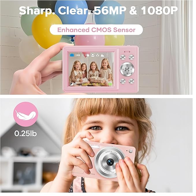Digital Camera, Pink Cameras for Photography, YouTube Vlogging, 16X Zoom UHD Autofocus Compact Point and Shoot Flip Screen Camera with 32GB SD Card, Small Photo Camera for Kids, Teen