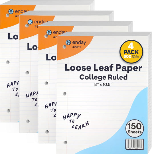 Loose Leaf Paper College Ruled Notebook Paper, 8" x 10.5" Filler Paper White, 3 Hole Punched Binder Paper for 3 Ring Binders, Lined Paper 150 Sheets Per Pack (4 Pack) - By Enday