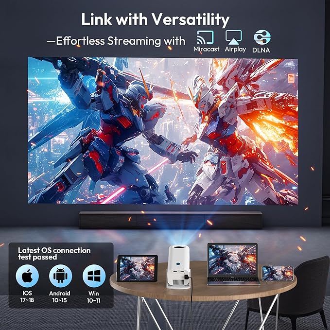 Mini Smart Projector LUXVYN V1 Portable Projector with WiFi and Bluetooth 200 ANSI 4K Support HD Resolution, Auto Keystone Correction Video Projector, 180° Rotatable Stand for Home Movie Pure white