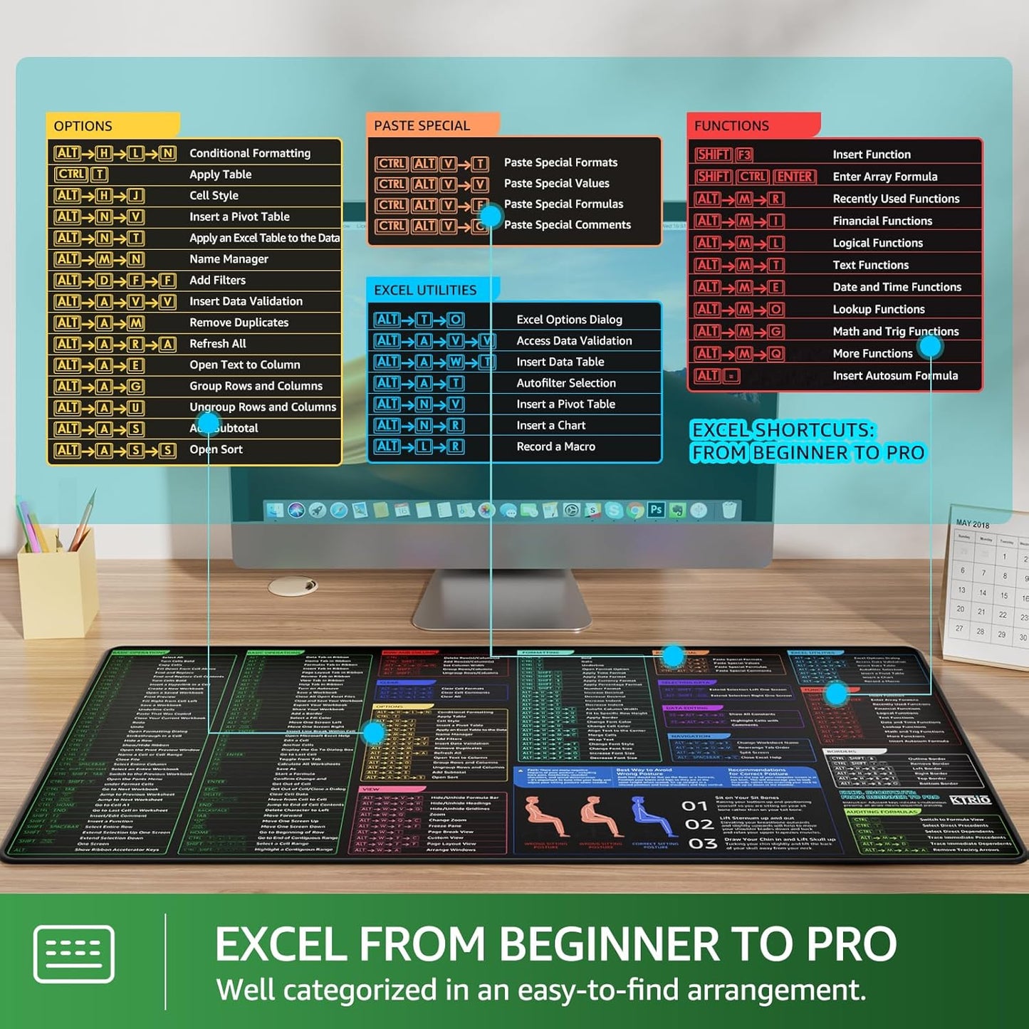 KTRIO Excel Shortcuts Mousepad with Superior Micro-Weave Cloth, Extended Mousepad with Stitched Edges, Non-Slip Base, Water Resist Keyboard Pad for Gamer, Office & Home, Excel Shortcuts