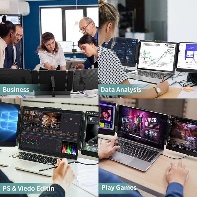 ROYY Laptop Screen Extender Triple Monitor - 14" 1080P Portable Monitor FHD Attachment Extra Screen Compatible with Windows Mac Dex Chrome Travel Work Fits 13-17" Laptops