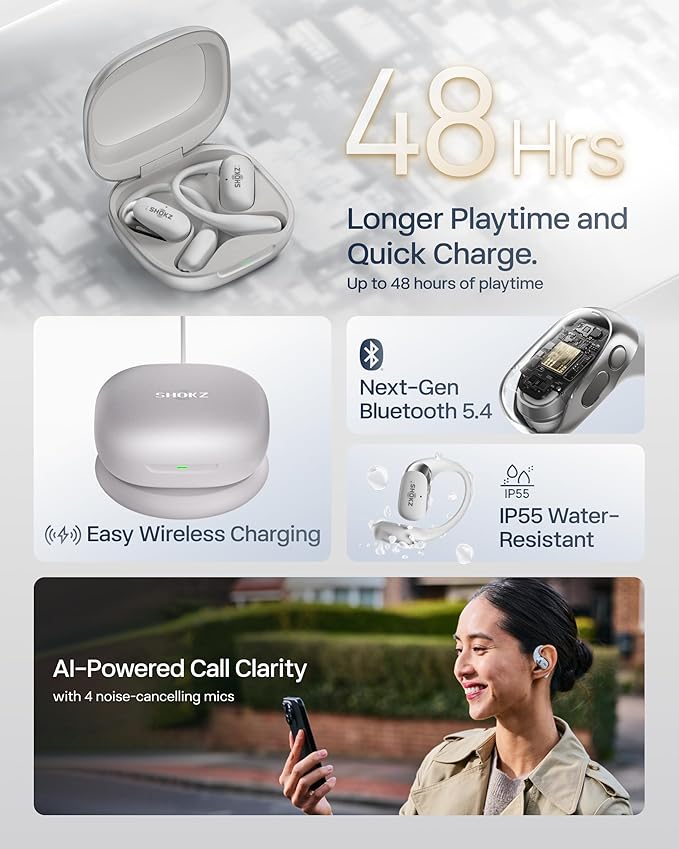 SHOKZ New OpenFit 2+ Open-Ear Headphones, Dolby Audio Enabled, Comfortable Earbuds with Soft Ear Hooks, 48H Playtime, IP55 Water-Resistant, USB-C Fast Charging, Wireless Charging, Carrying Bag, Grey