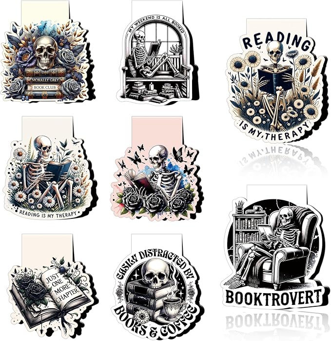 Skeleton Reading Bookmark Magnetic - 8 Pcs Gothic Skeleton Bookmarks Magnets Horror Skull Flower Book Marks Page Magnets Marker Clip Gift for Women Men Students Teacher Book Lovers Reading
