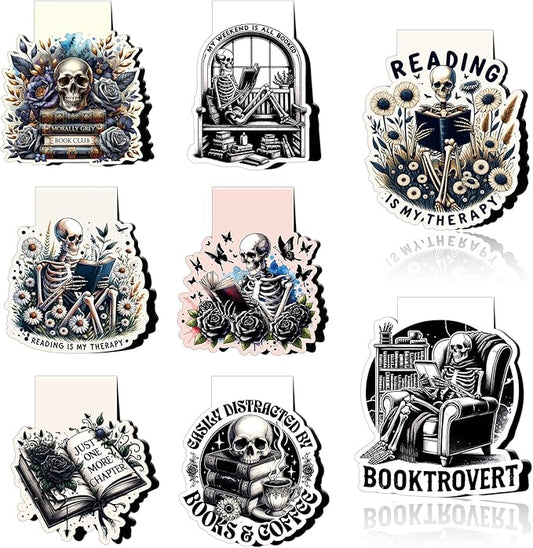 Skeleton Reading Bookmark Magnetic - 8 Pcs Gothic Skeleton Bookmarks Magnets Horror Skull Flower Book Marks Page Magnets Marker Clip Gift for Women Men Students Teacher Book Lovers Reading