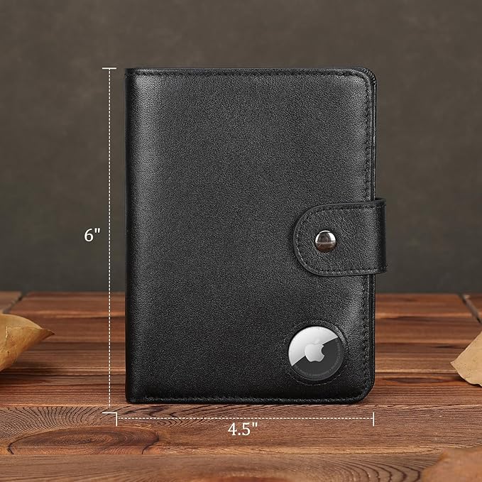 Polare Luxury RFID Blocking Leather Passport Holder Travel Wallet For Men and Women (Black with AirTag Slot(Snap Version))