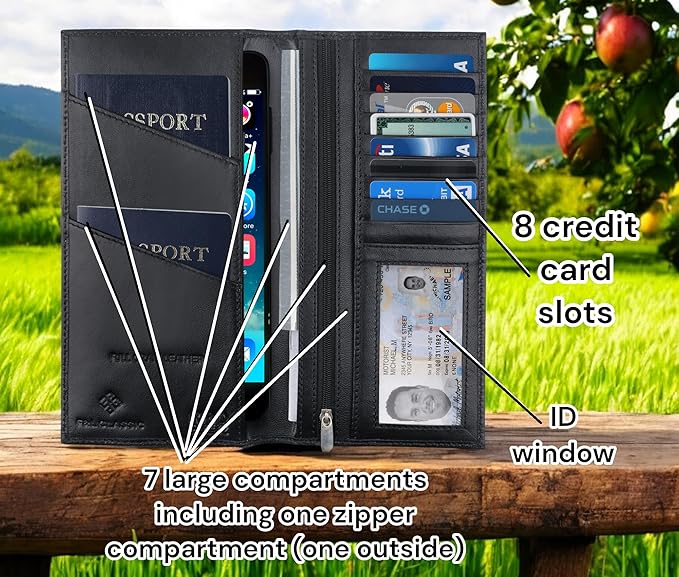 Passport Wallet - Travel Document Holder w/RFID Blocking – Full Grain Leather – Bifold big Wallet with Credit Card Slots for Women and Men,Black,FL-522-10