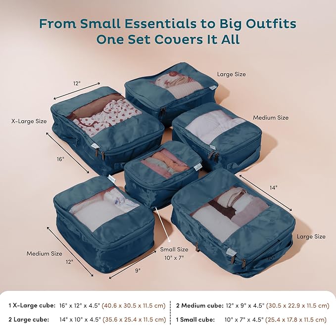 6-Pack Compression Packing Cubes Travel Essentials - Lightweight, Water-Resistant Luggage Organizer Bags with Handles, Durable Travel Accessories Suitcase Organizer (Teal)