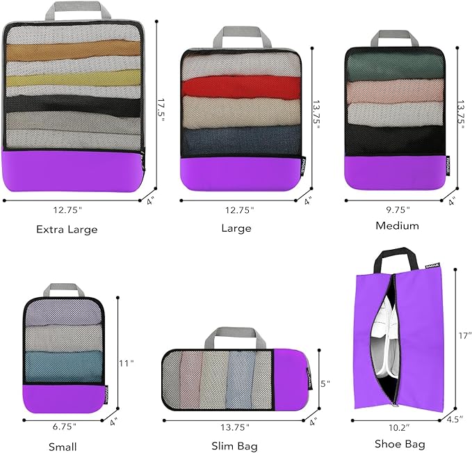 BAGAIL 4 Set/6 Set/8 Set Compression Packing Cubes Travel Accessories Expandable Packing Organizers(Purple HalfMesh 6 Set)